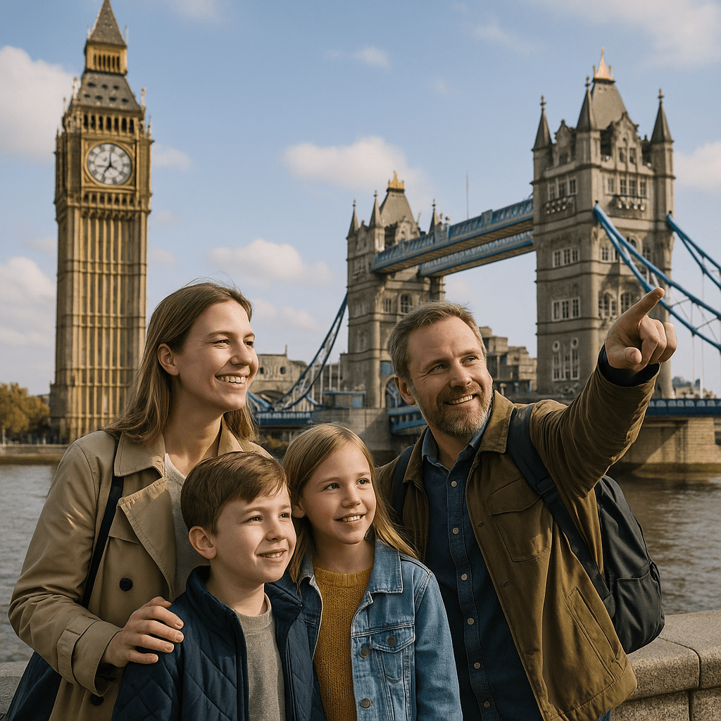 Deutsche Familie besichtigt Big Ben und Tower Bridge bei Tageslicht in London