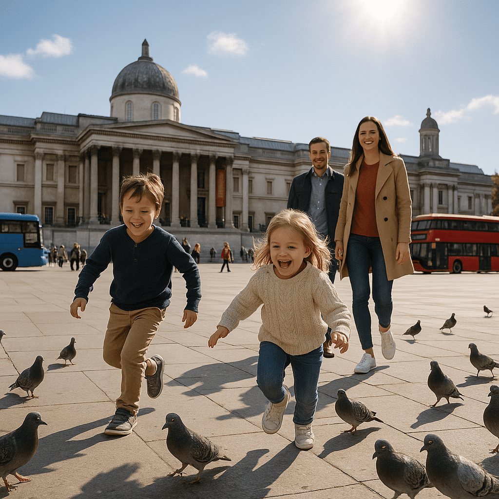 Kinder jagen Tauben am Trafalgar Square bei strahlendem Sonnenschein, Eltern beobachten sie