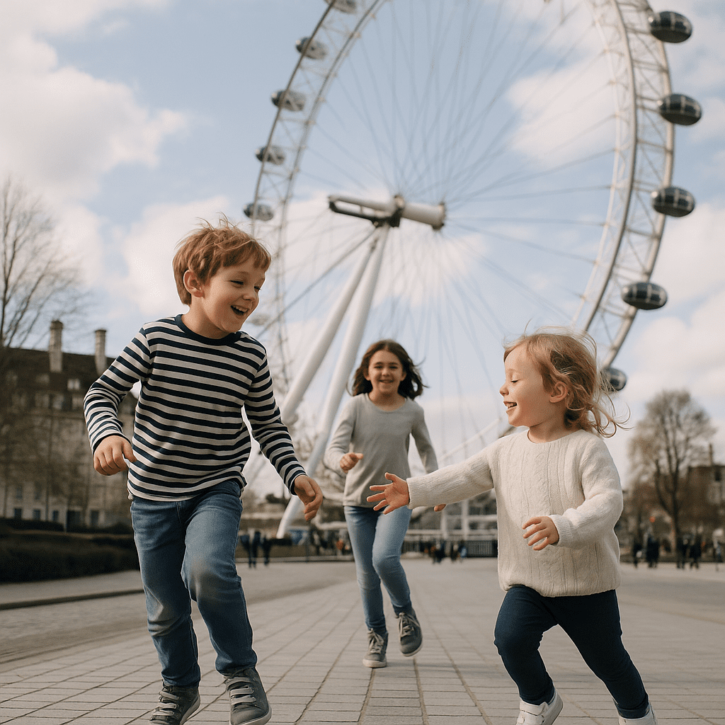 Zwei Kinder spielen am Nachmittag vor dem London Eye in London