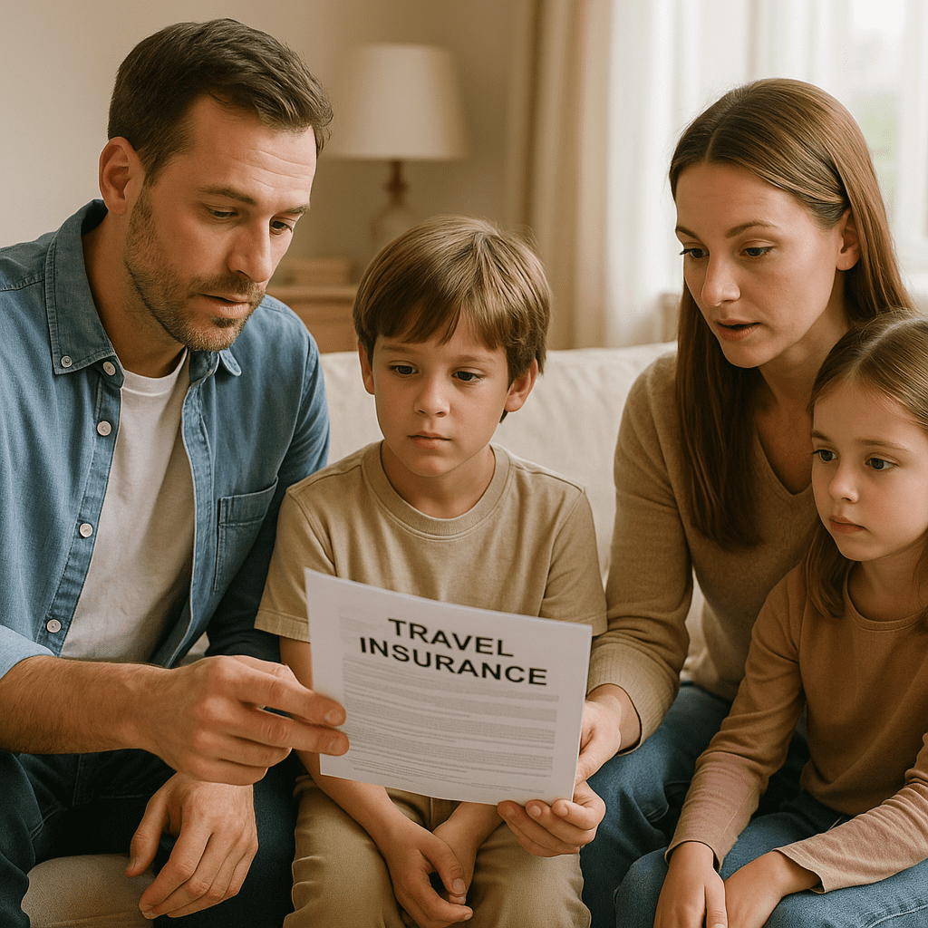Eltern erklären ihren Kindern Reiseversicherungsdokumente im Familienzimmer