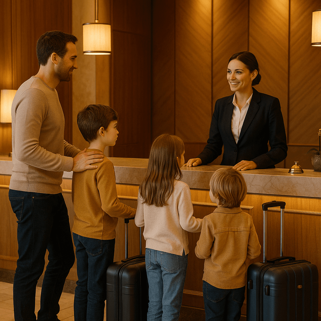 Familie mit Koffern checkt zu Halloween in ein Londoner Hotel ein