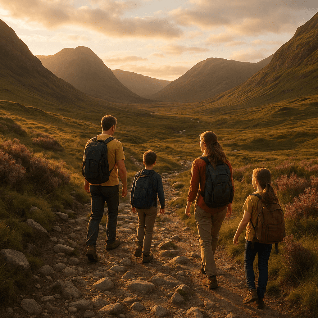 Eltern mit Kindern wandern bei Sonnenuntergang durch die schottischen Highlands auf einem felsigen Pfad