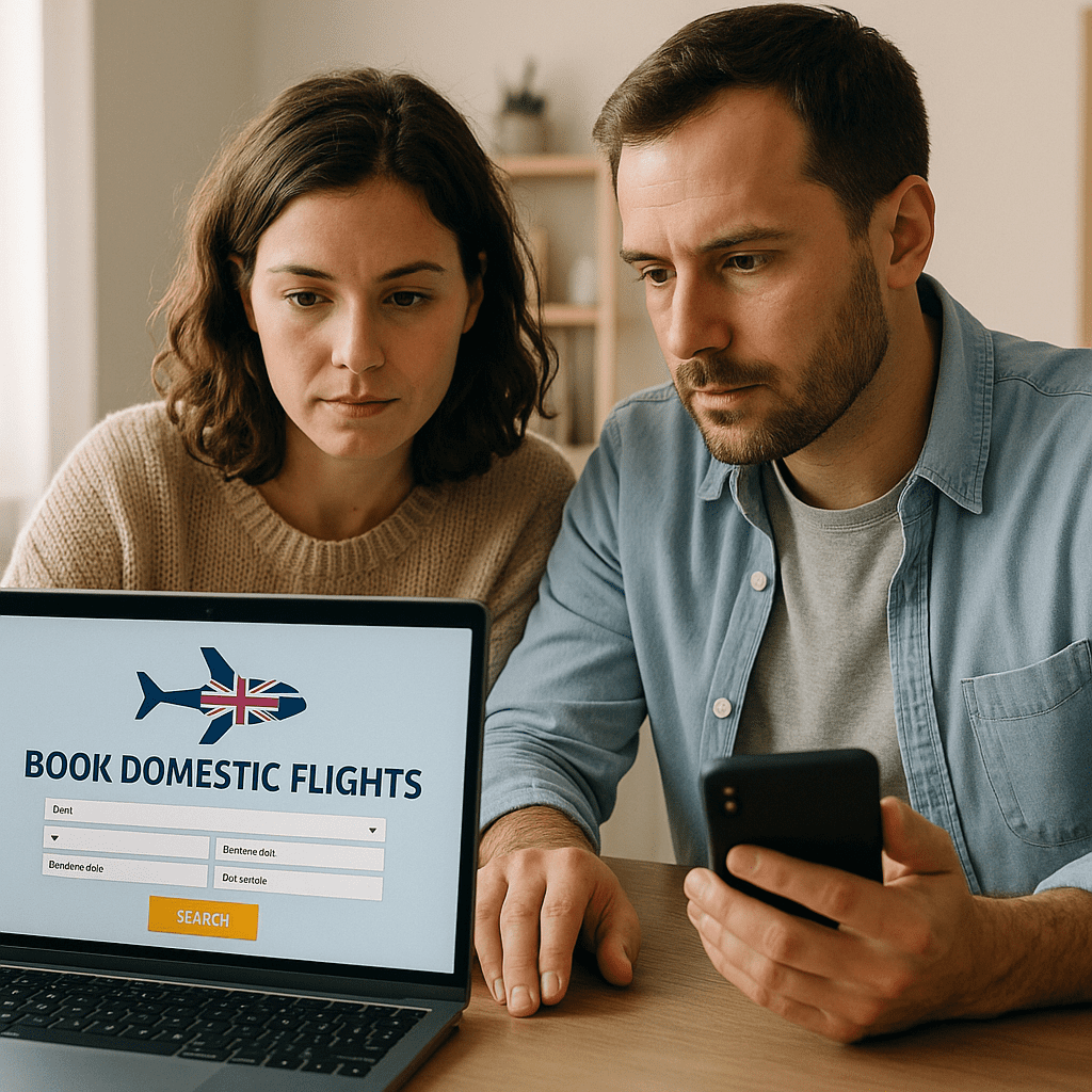 Zwei Touristen buchen am Laptop UK-Inlandsflüge im Homeoffice bei Tageslicht