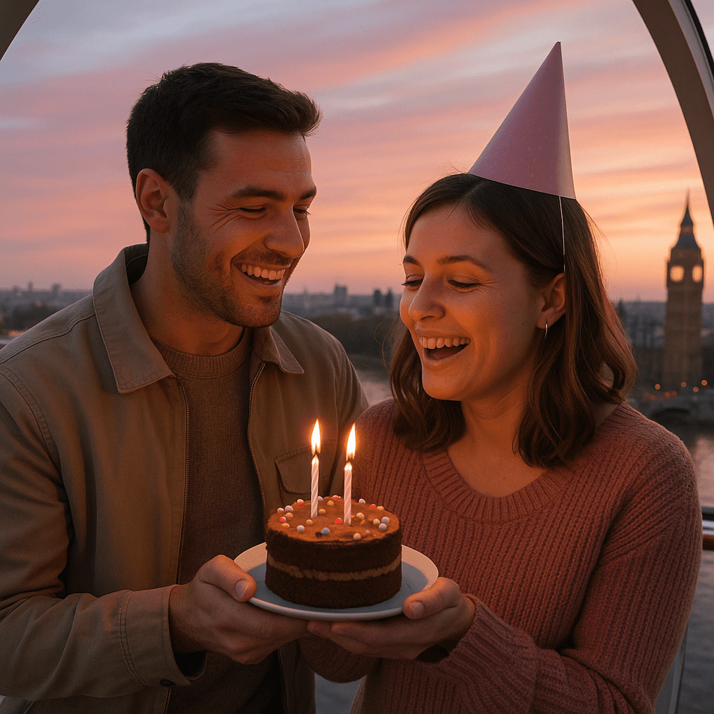 Paar feiert Geburtstag in einer London Eye Gondel bei Sonnenuntergang