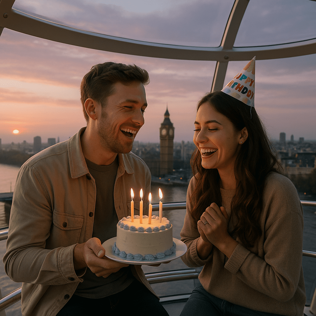 Paar feiert Geburtstag im London Eye bei Sonnenuntergang in pink-blau-grauer Abendstimmung