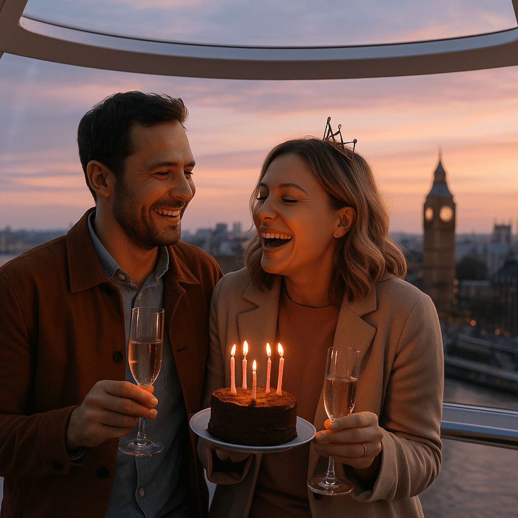 Paar feiert Geburtstag bei Sonnenuntergang im London Eye mit Blick auf die Stadt