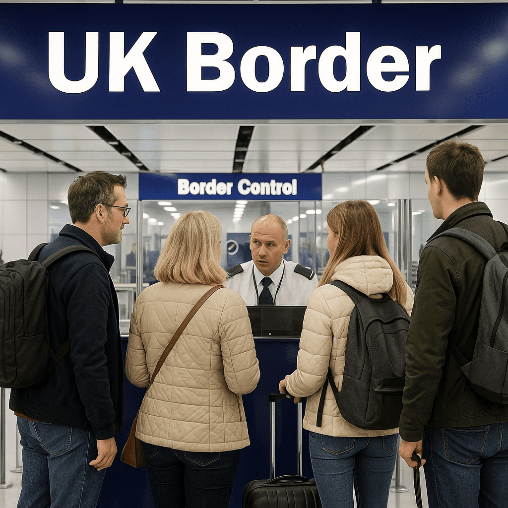 Deutsche Reisende passieren britische Grenzkontrolle im beleuchteten, modernen Terminal