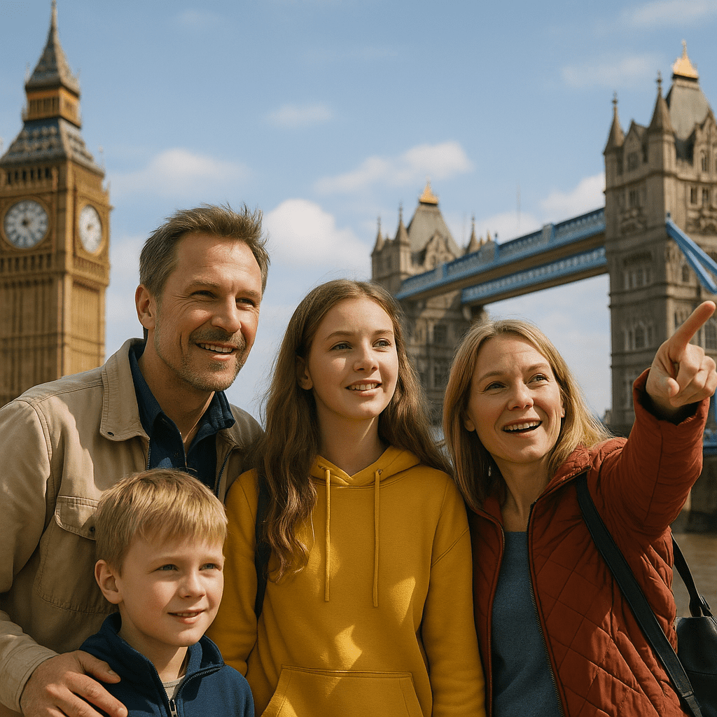 Deutsche Familie vor Big Ben und Tower Bridge bei Tageslicht