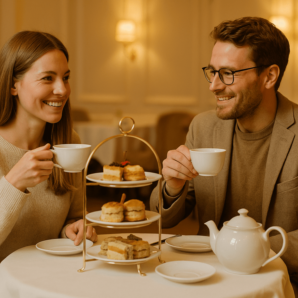 Deutsches Paar genießt Afternoon Tea in einem Londoner Teesalon