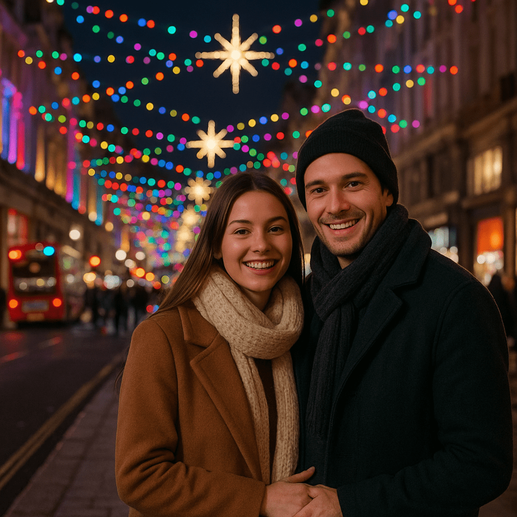 Paar vor bunten Londoner Weihnachtslichtern auf urbaner Straße