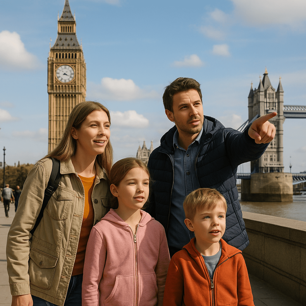 Deutsche Familie erkundet berühmte Wahrzeichen in Großbritannien bei Tageslicht