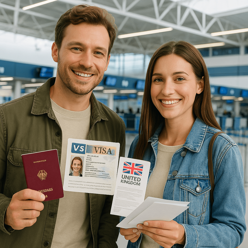 Reisepaar mit UK-Visa und Tickets im Flughafen London vor Check-in-Schalter