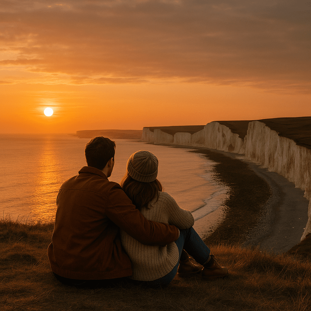 Paar genießt Sonnenuntergang an den Seven Sisters Klippen in England