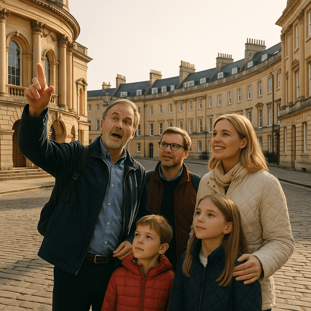 Deutsche Familie auf Stadtführung durch Bath mit georgianischer Architektur im Morgenlicht