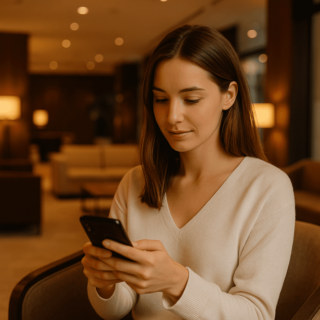 Junge Frau prüft Hotelbuchung am Handy in moderner Hotellobby bei Abendlicht