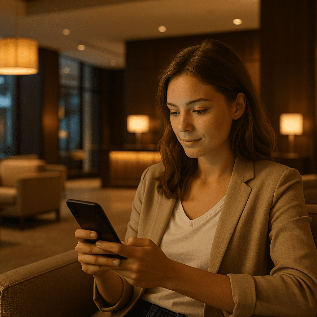Junge Frau überprüft ihre Hotelbuchung per Handy in modernem Hotellobby