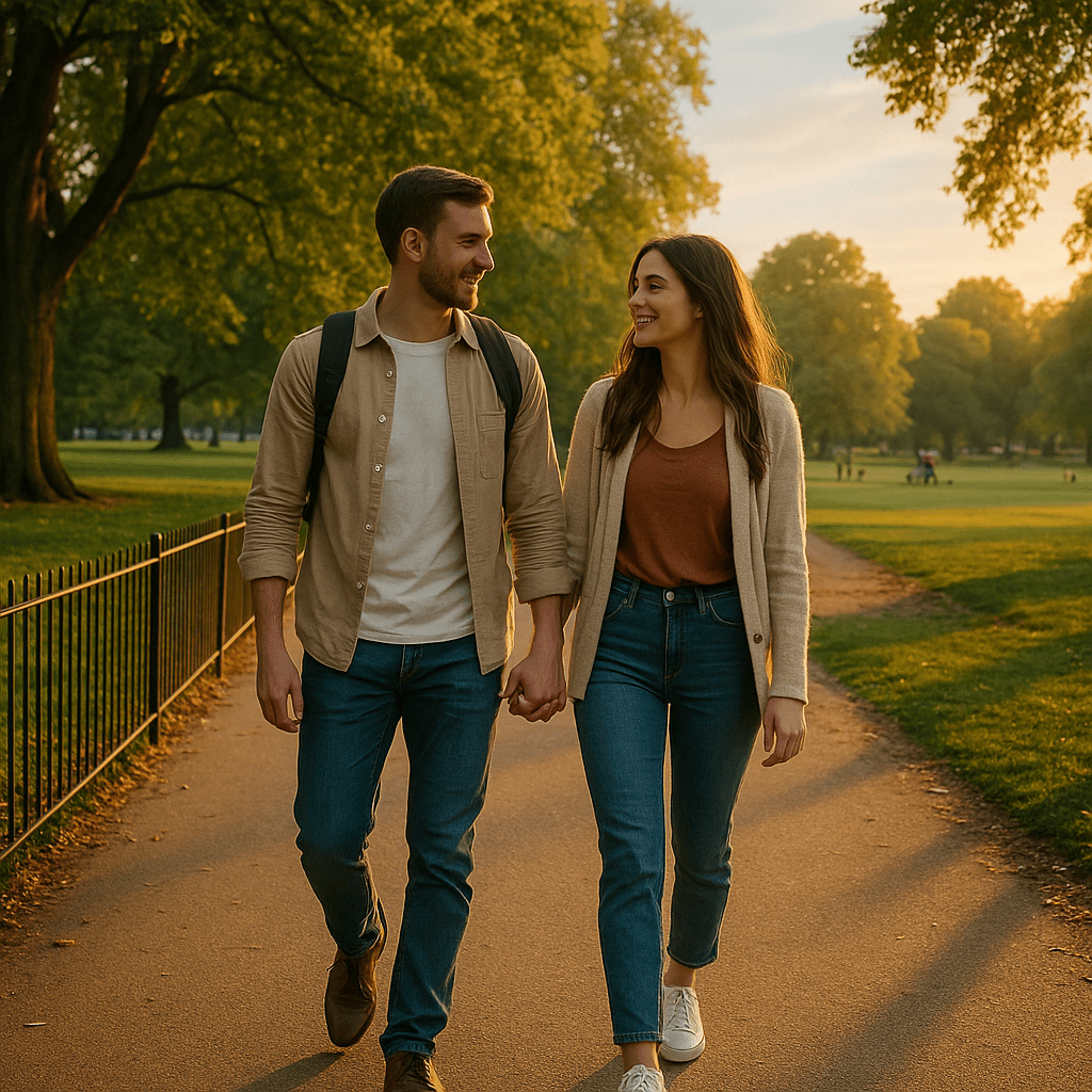 Junges Paar spaziert im Hyde Park bei goldenem Sonnenlicht in London