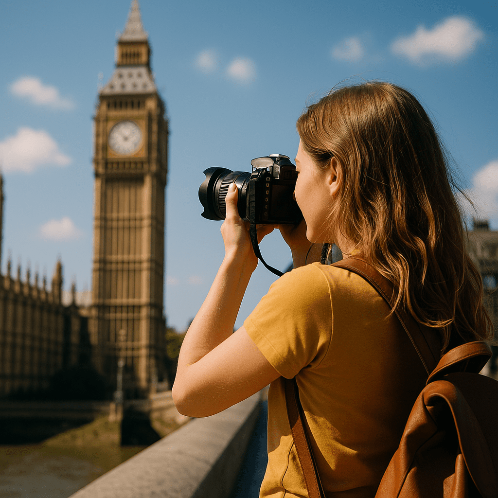 Junge deutsche Frau fotografiert Big Ben an einem sonnigen Tag in London mit blauem Himmel