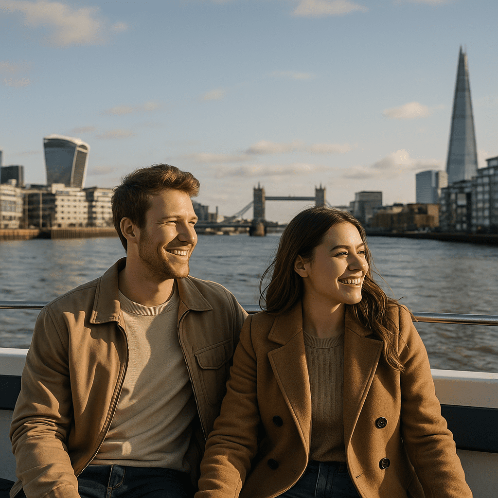 Junges Paar genießt Bootsfahrt auf der Themse vor Londons Skyline