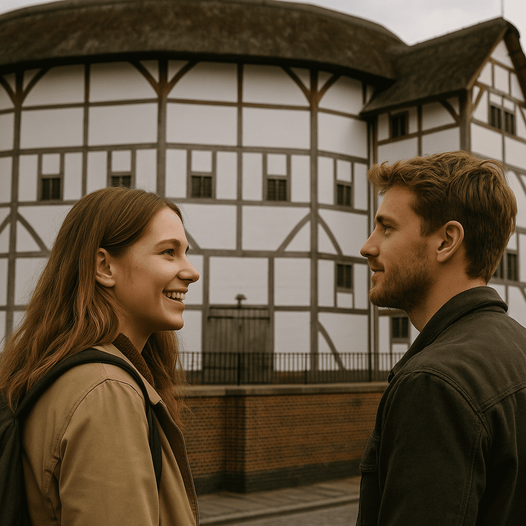 Junges deutsches Paar betrachtet Shakespeare's Globe Theatre bei Tageslicht