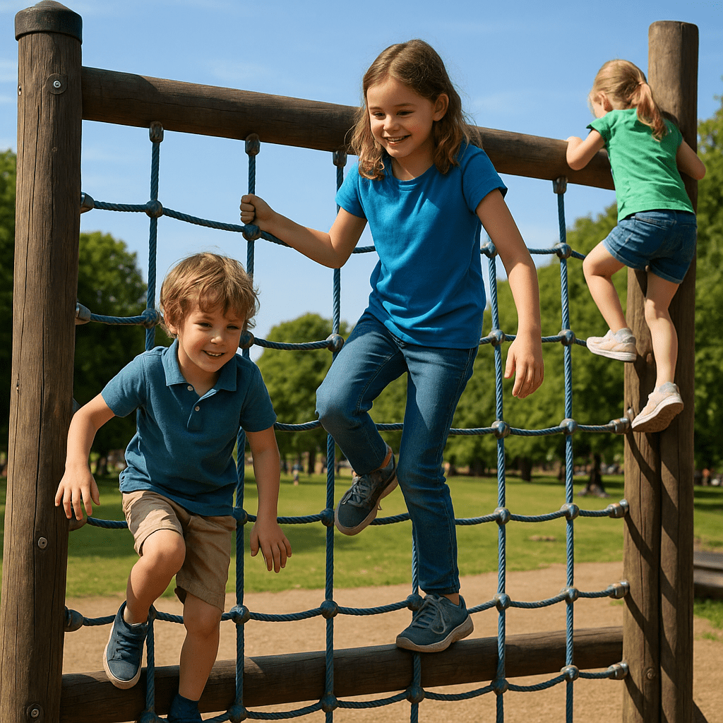 Zwei Kinder klettern auf einem Spielplatz im Hyde Park bei Sonnenschein