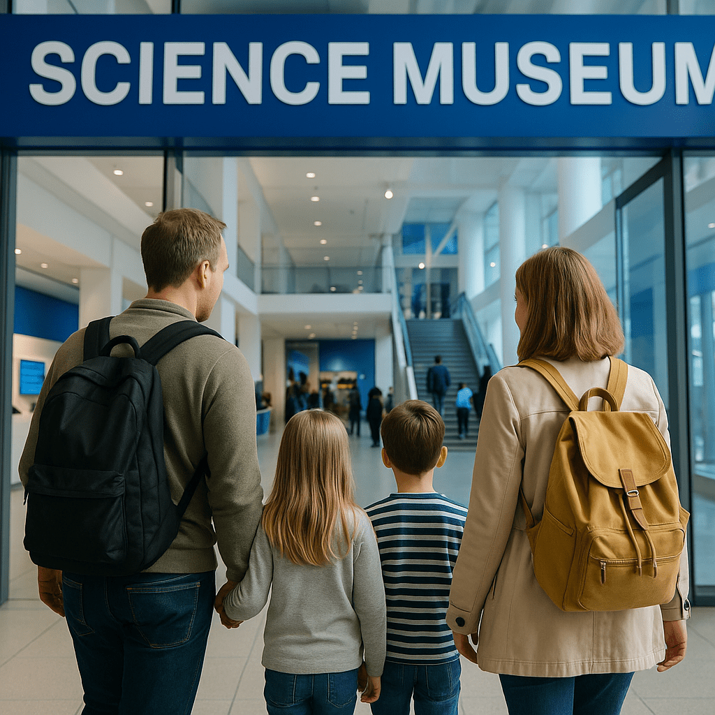 Deutsche Familie betritt modernes Wissenschaftsmuseum in Großbritannien