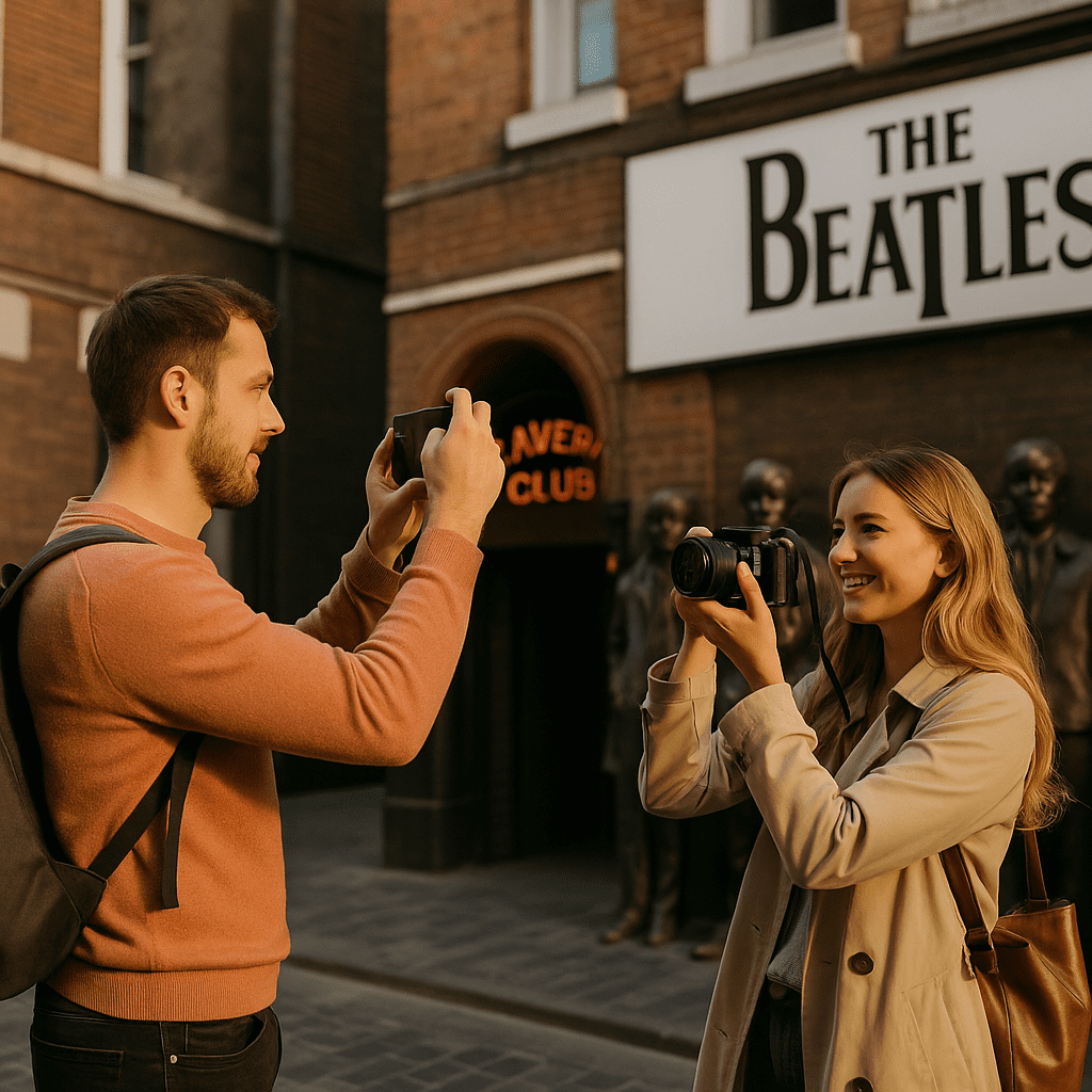 Deutsches Paar fotografiert Beatles-Sehenswürdigkeiten in Liverpool am Nachmittag