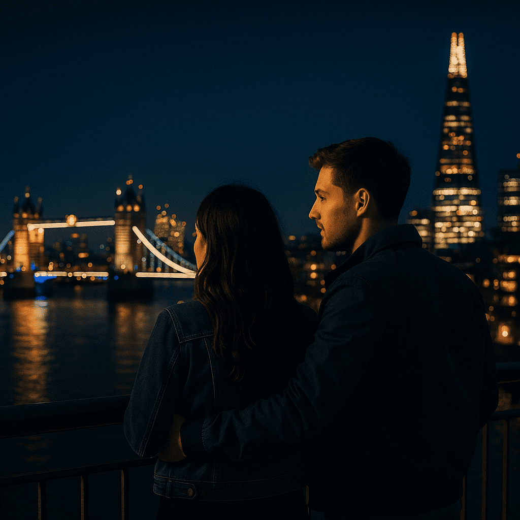 Junges Paar betrachtet beleuchtete Londoner Skyline bei Nacht