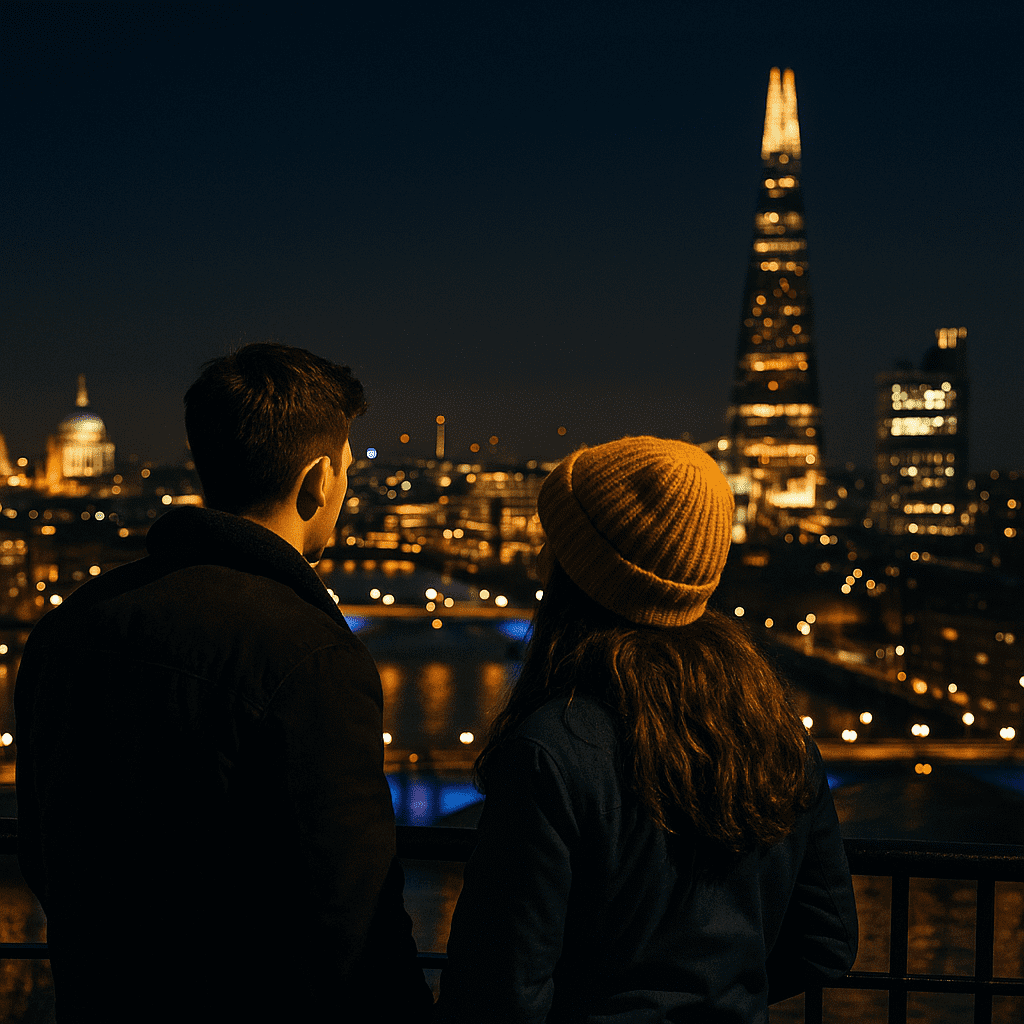 Junges Paar betrachtet nachts die beleuchtete Skyline von London von einem Aussichtspunkt