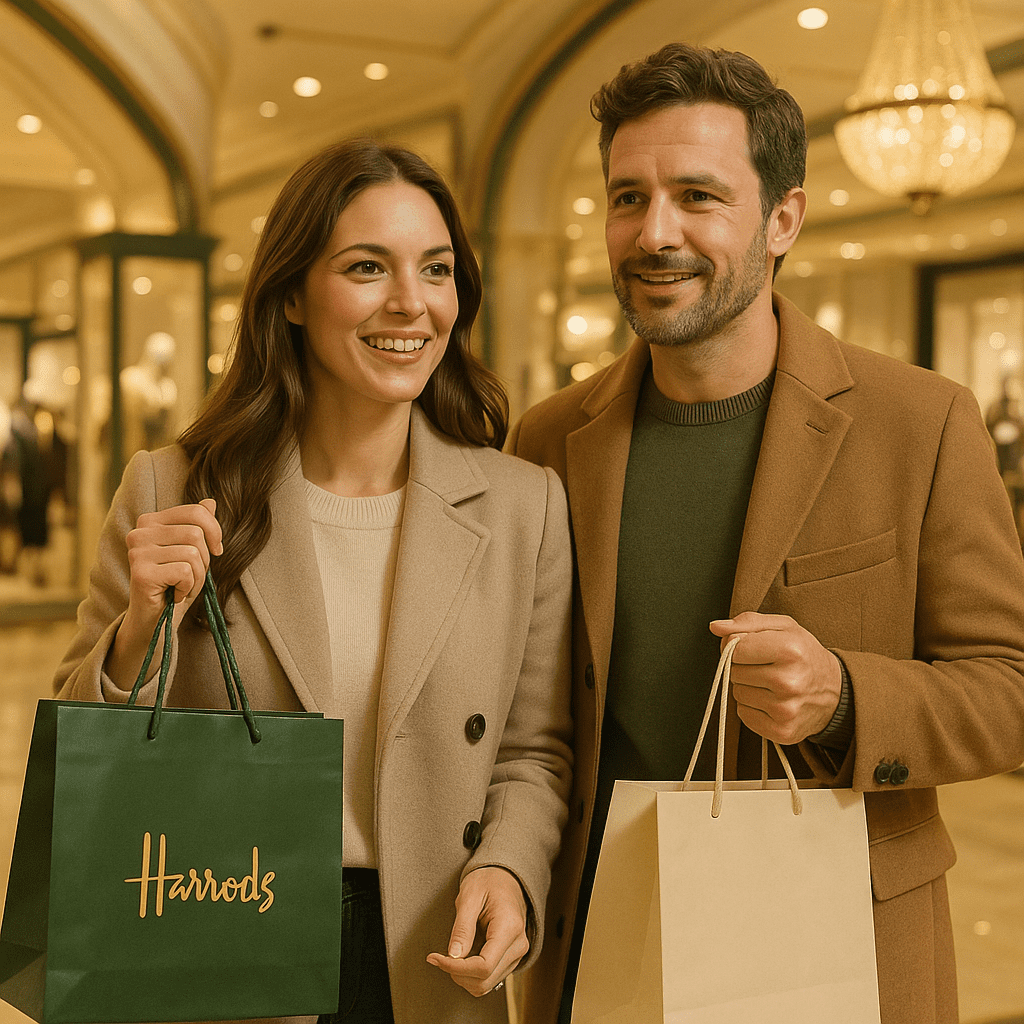 Paar beim Einkaufen im luxuriösen Kaufhaus Harrods in London
