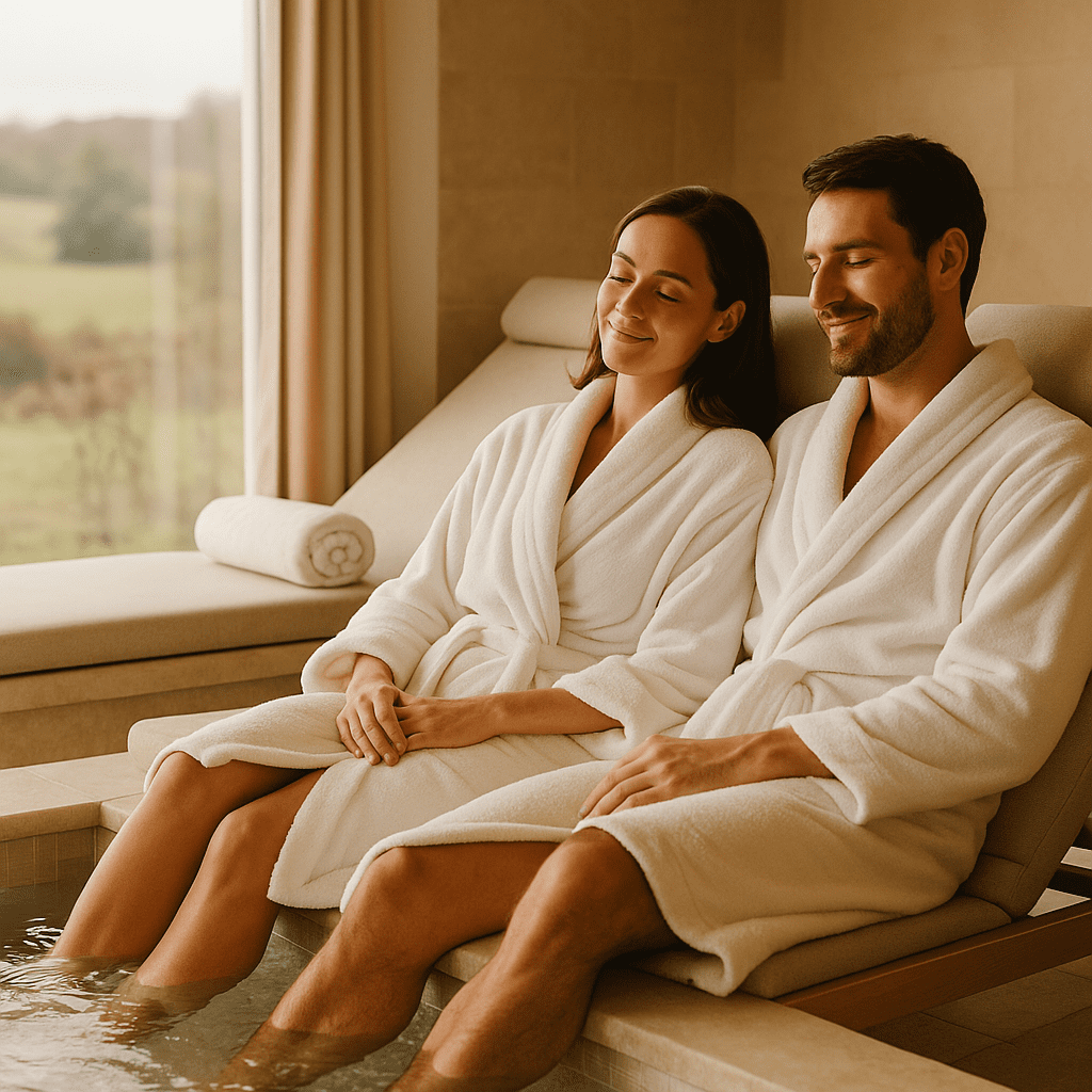 Paar genießt luxuriösen Spa-Retreat in idyllischer britischer Landschaft