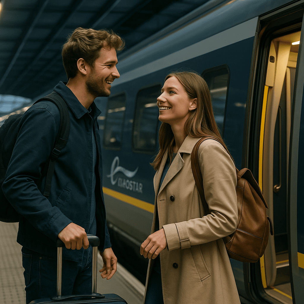 Deutsches Paar in moderner Kleidung besteigt den Eurostar-Zug nach London am Bahnhof