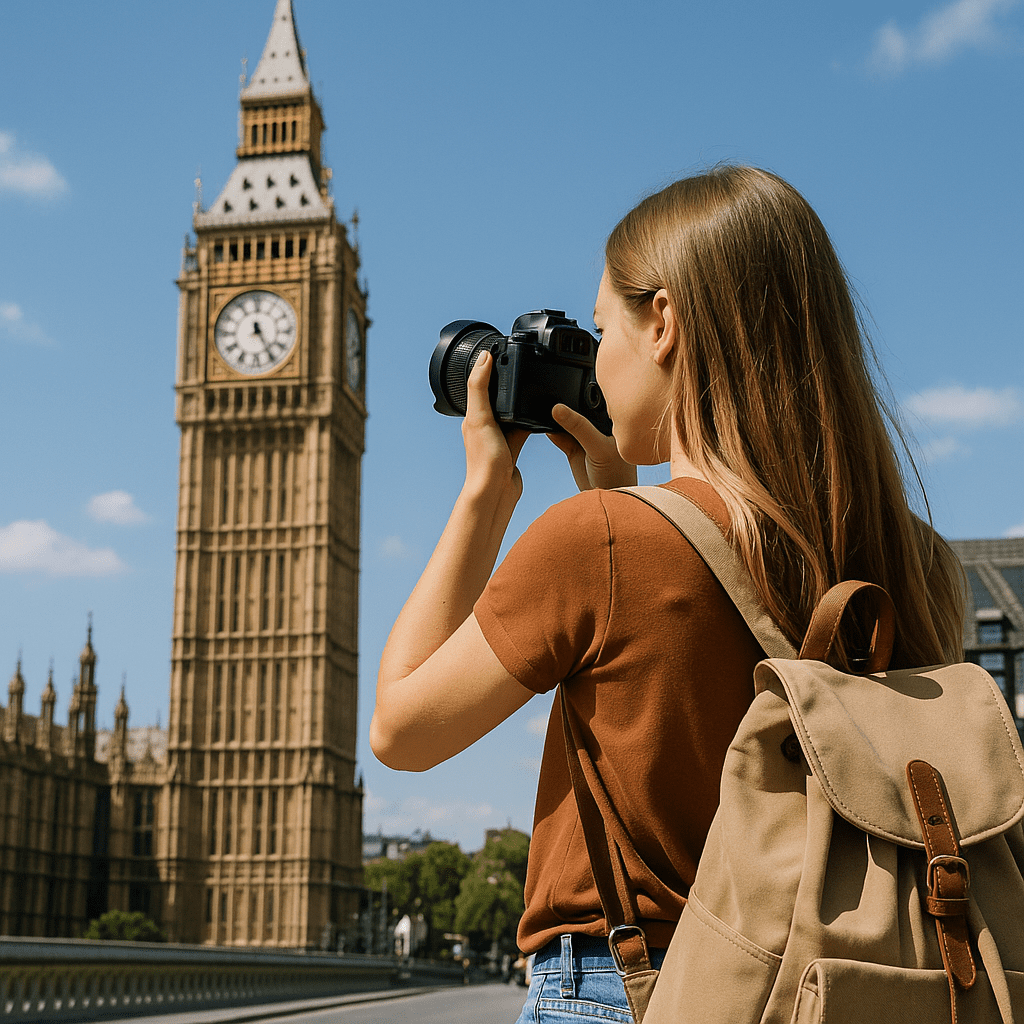 Junge deutsche Frau fotografiert Big Ben bei Tageslicht in London