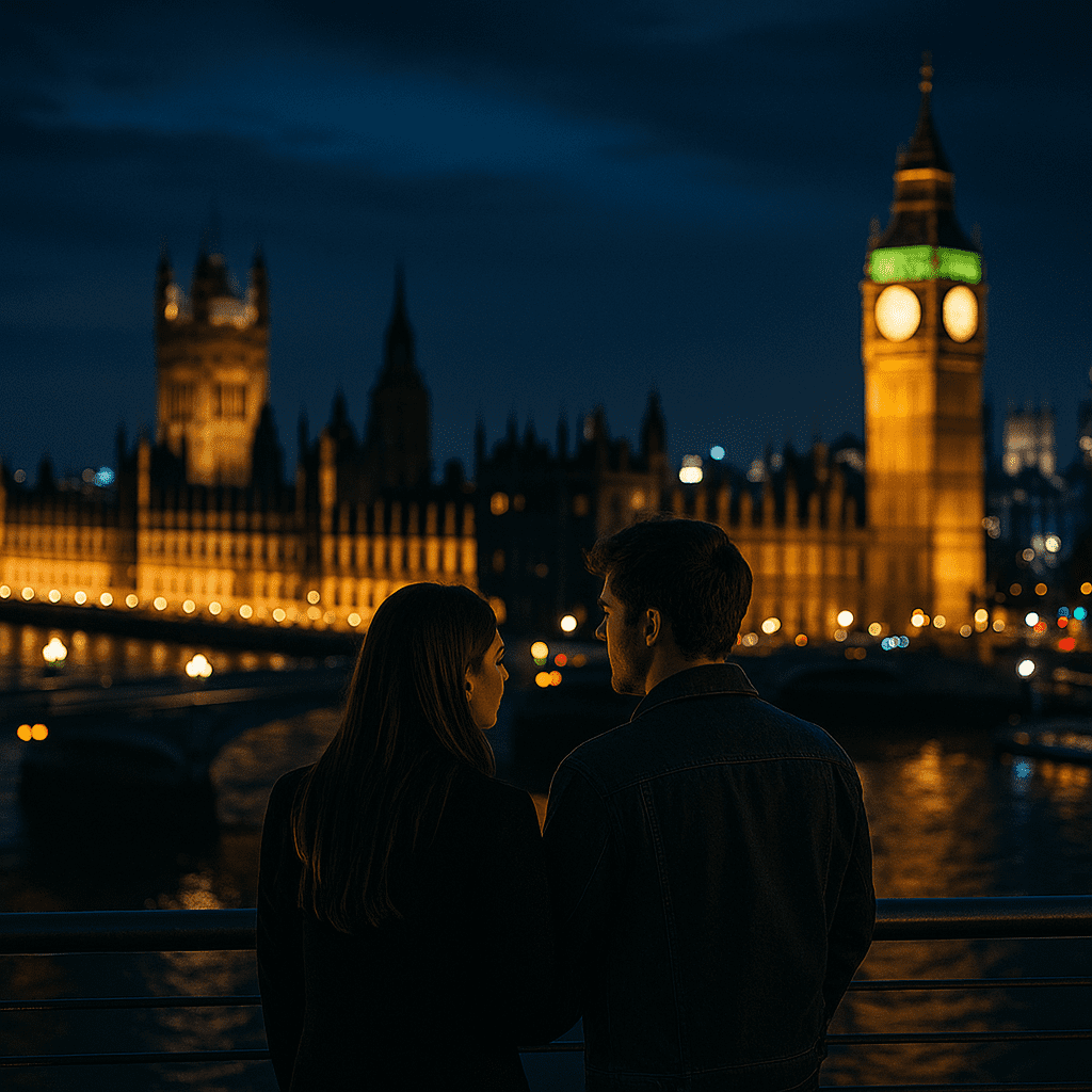 Junges Paar blickt nachts von einer Aussicht auf die beleuchtete Skyline Londons