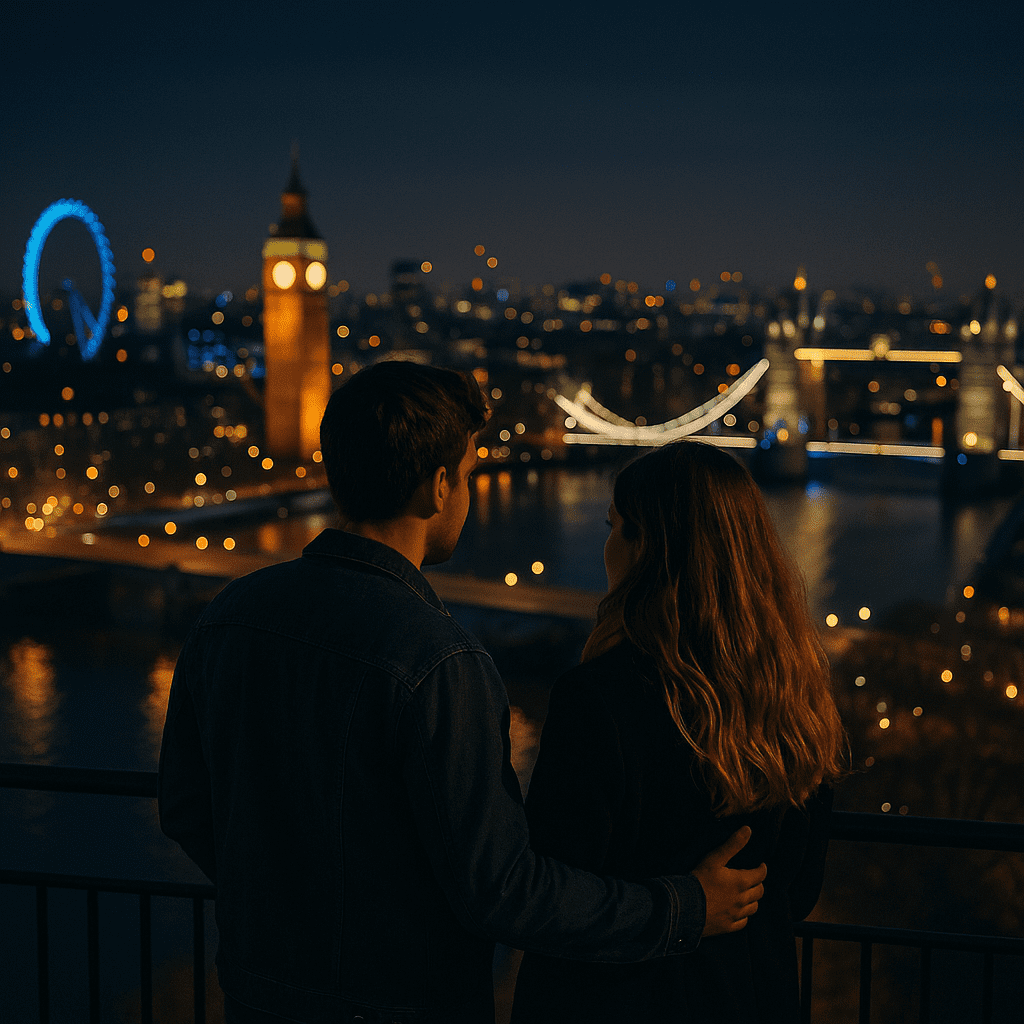 Junges Paar betrachtet bei Nacht die beleuchtete Skyline von London