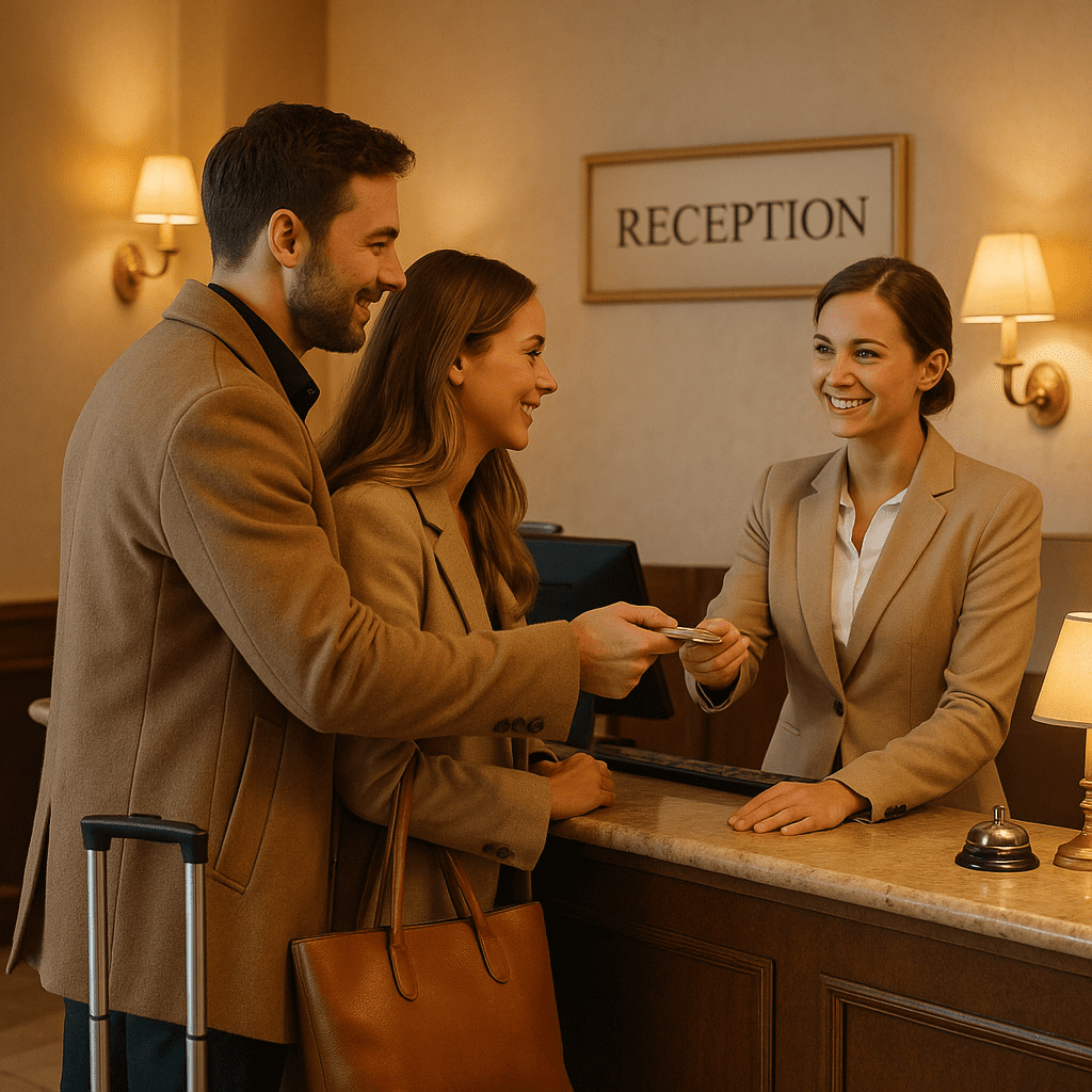 Ein Paar checkt an der Hotelrezeption in Großbritannien aus bei warmem Licht