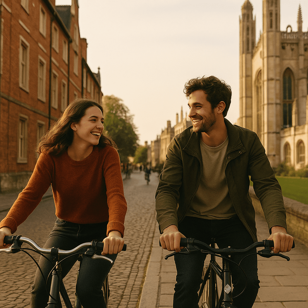 Junges Paar radelt am Nachmittag durch historisches Cambridge