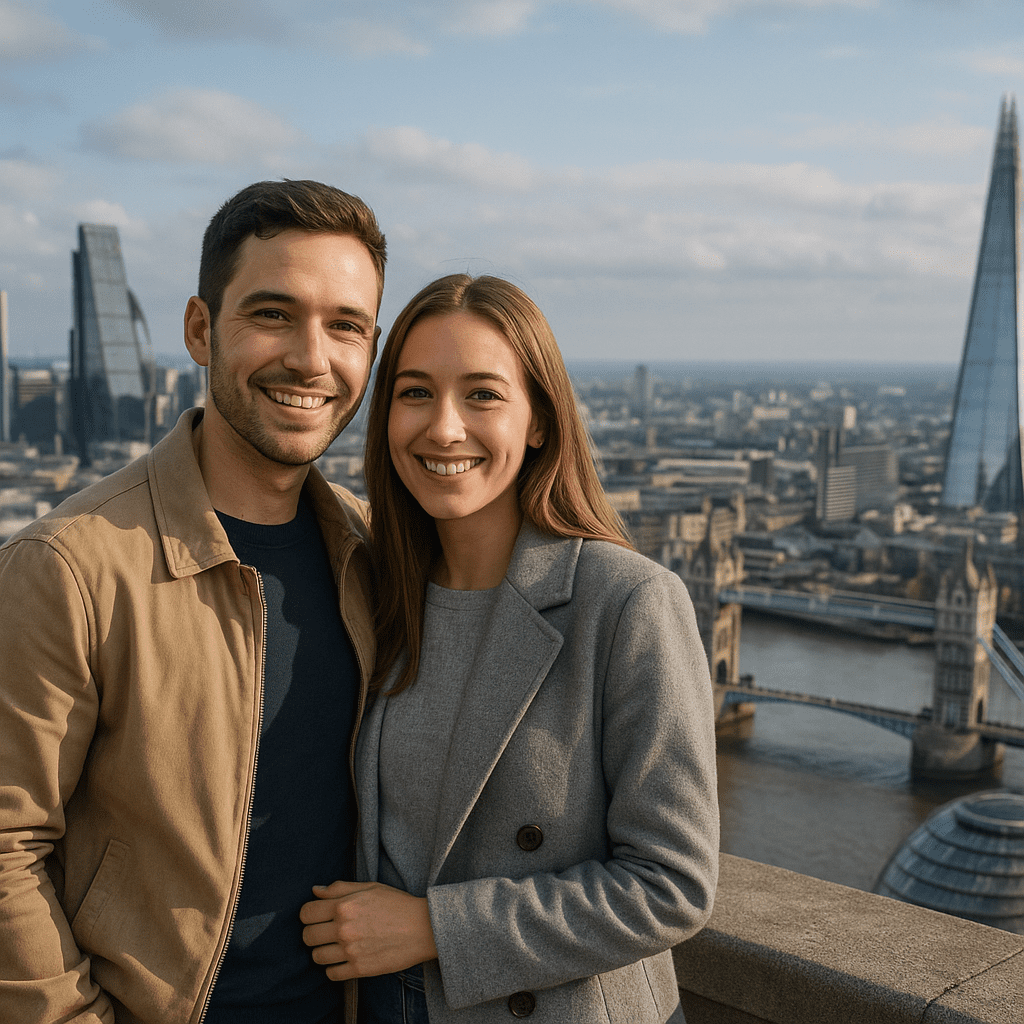 Ein Paar posiert nachmittags vor der Londoner Skyline an einem Aussichtspunkt