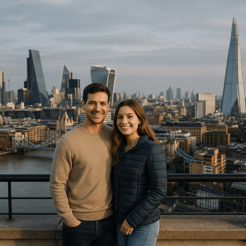 Paar mit Rucksack vor der Londoner Skyline an einem Aussichtspunkt am Nachmittag