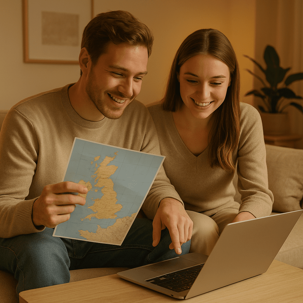 Deutsches Paar plant UK-Reise im Wohnzimmer mit Reiselaptop
