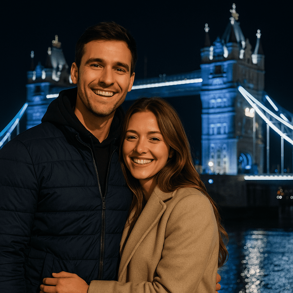 Ein Paar posiert nachts vor der beleuchteten Tower Bridge in London