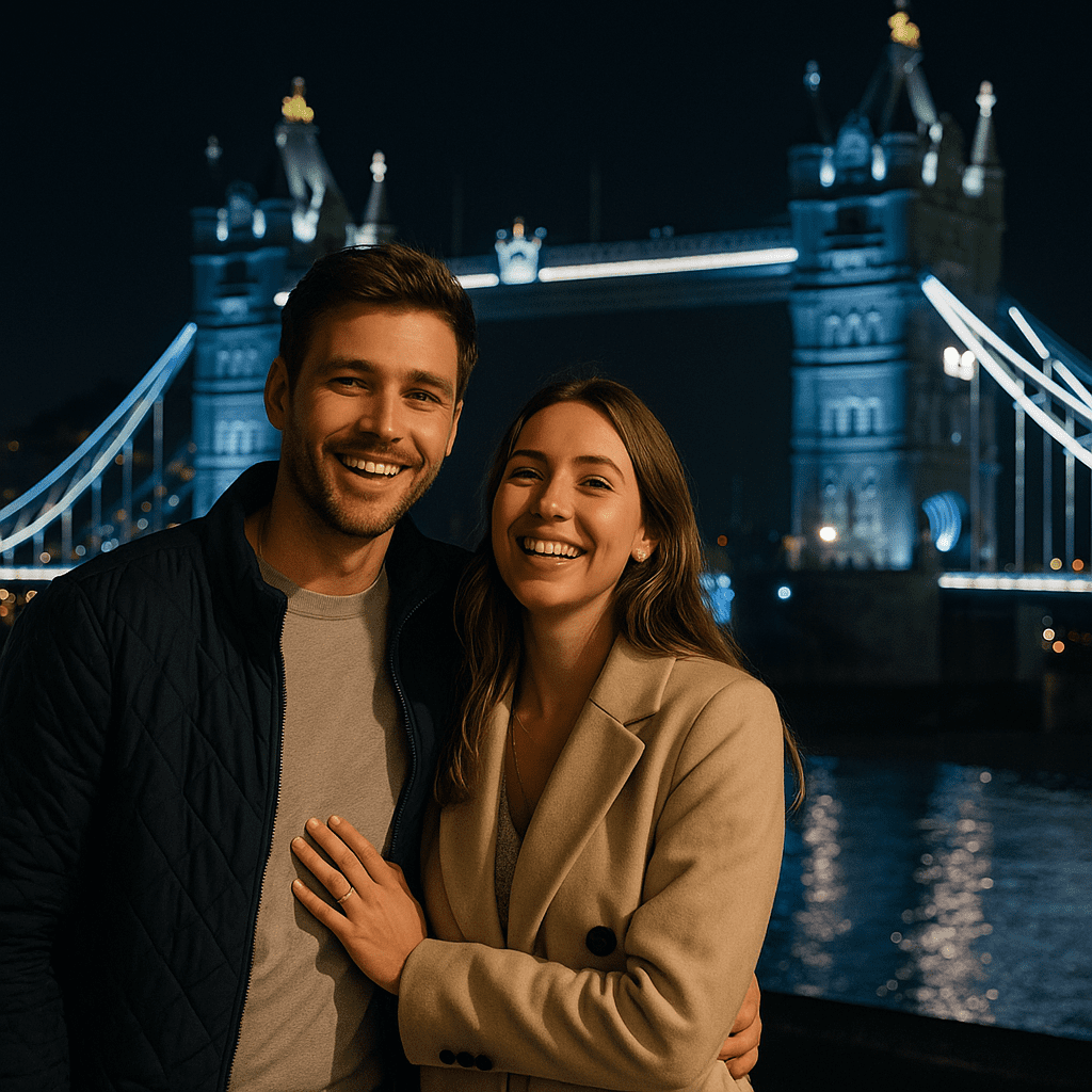 Ein Paar posiert nachts vor der beleuchteten Tower Bridge in London, ikonisches Reiseziel im UK