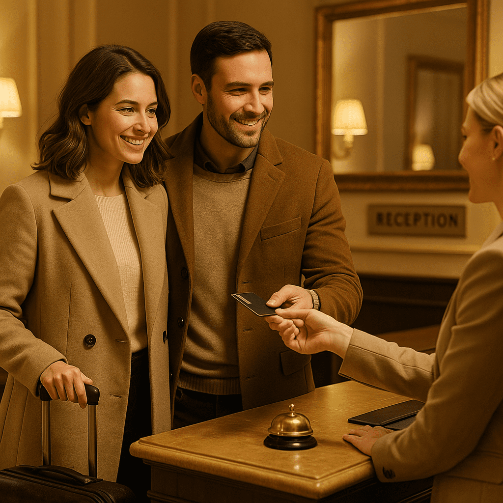 Ein Paar checkt an der Rezeption eines Hotels im UK aus bei warmem Licht