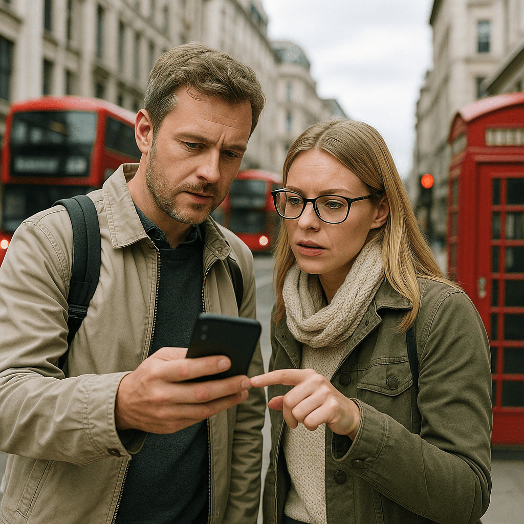 Deutsches Paar nutzt Smartphone zur Navigation in Londons Straßen bei Tageslicht