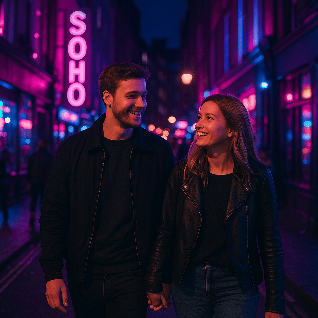 Deutsches Paar spaziert durch Soho bei Nacht unter Neonlichtern in Blau, Pink und Lila