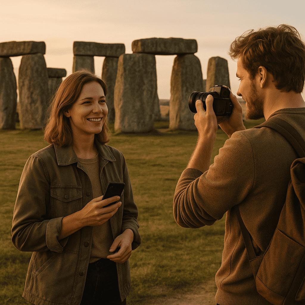 Deutsches Paar fotografiert sich gegenseitig vor Stonehenge in der goldenen Stunde