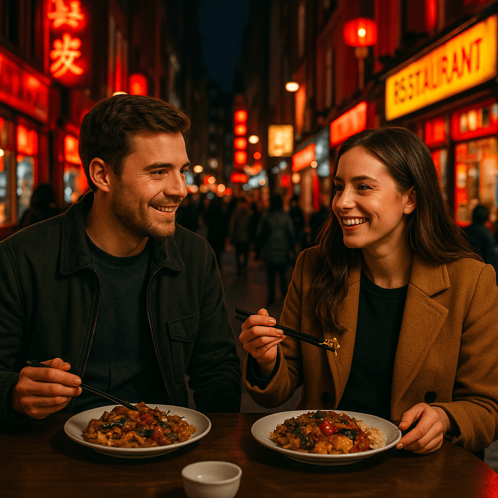 Pärchen beim Abendessen in Londons Chinatown mit Neonlichtern in Rot und Gelb