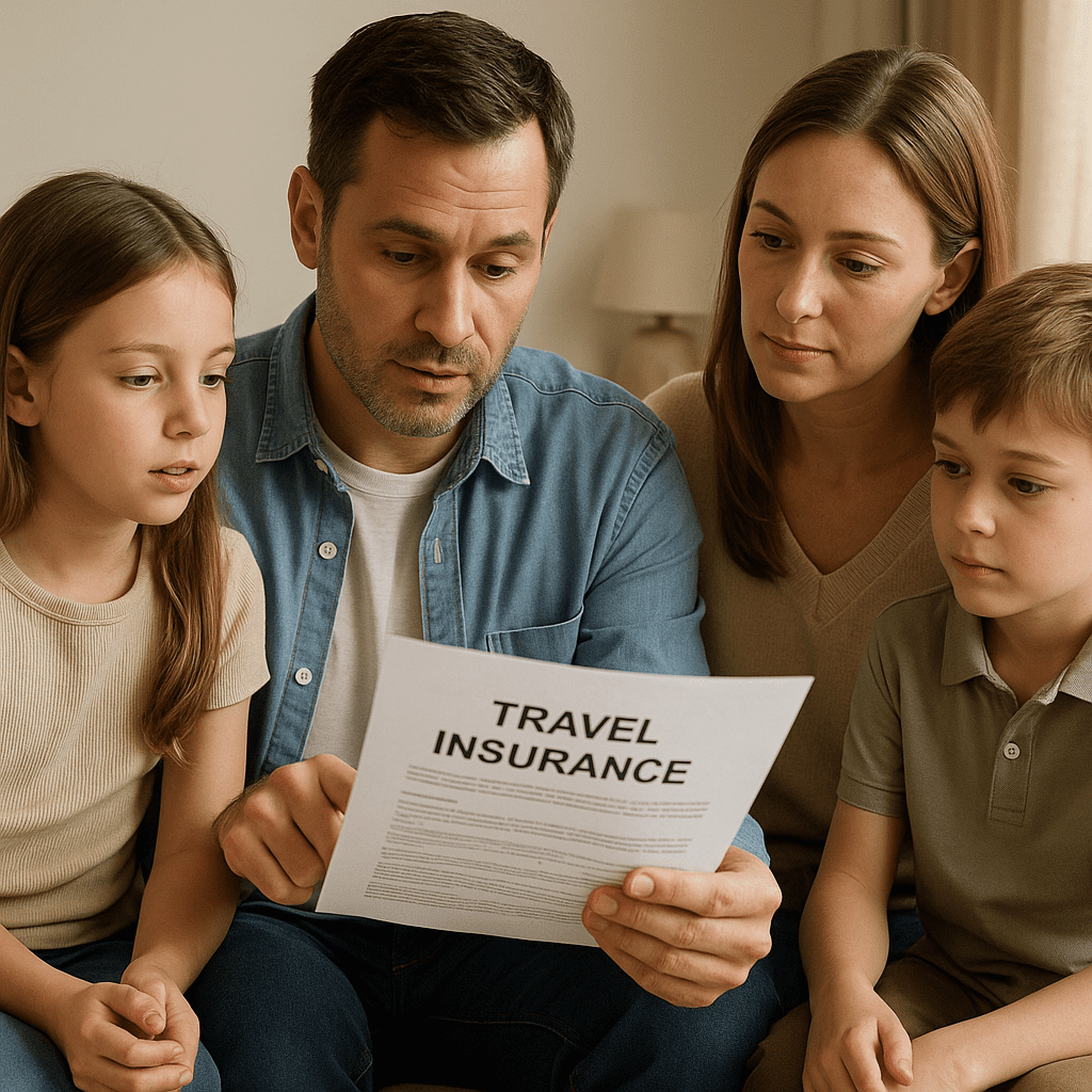 Eltern erklären ihren Kindern in einem Familienzimmer Reiseversicherungs- und UK-ETA-Dokumente