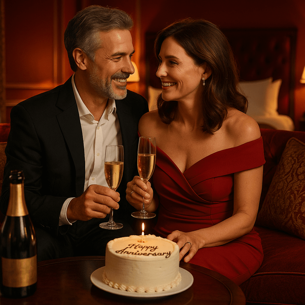 Paar feiert Hochzeitstag in luxuriöser Suite mit Champagner
