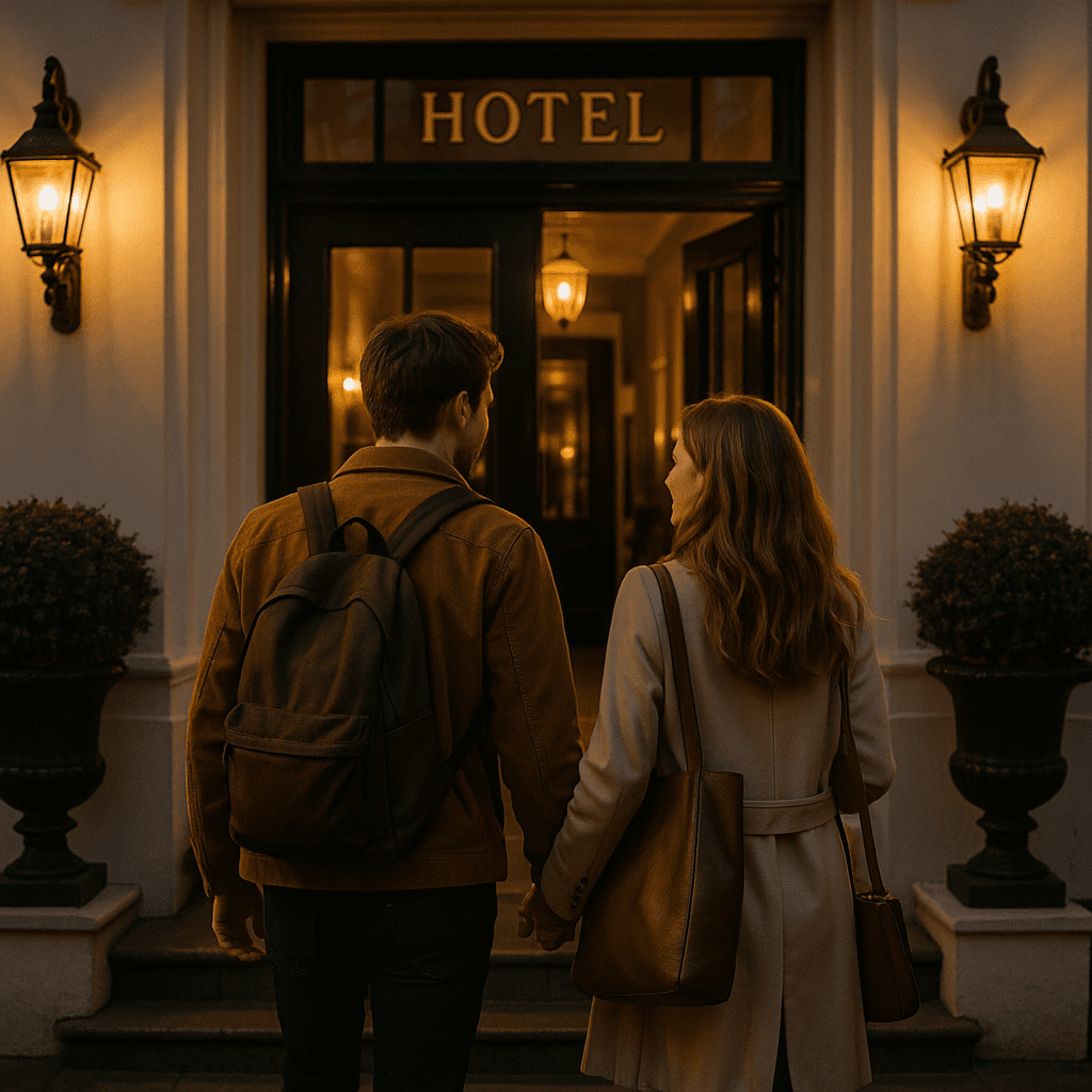 Deutsches Paar betritt abends ein Boutique-Hotel in Brighton mit gold-weißer Fassade